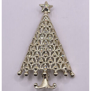 Vintage TANCER II Silver & Rhinestone Christmas Tree Brooch Pin Shiny Estate